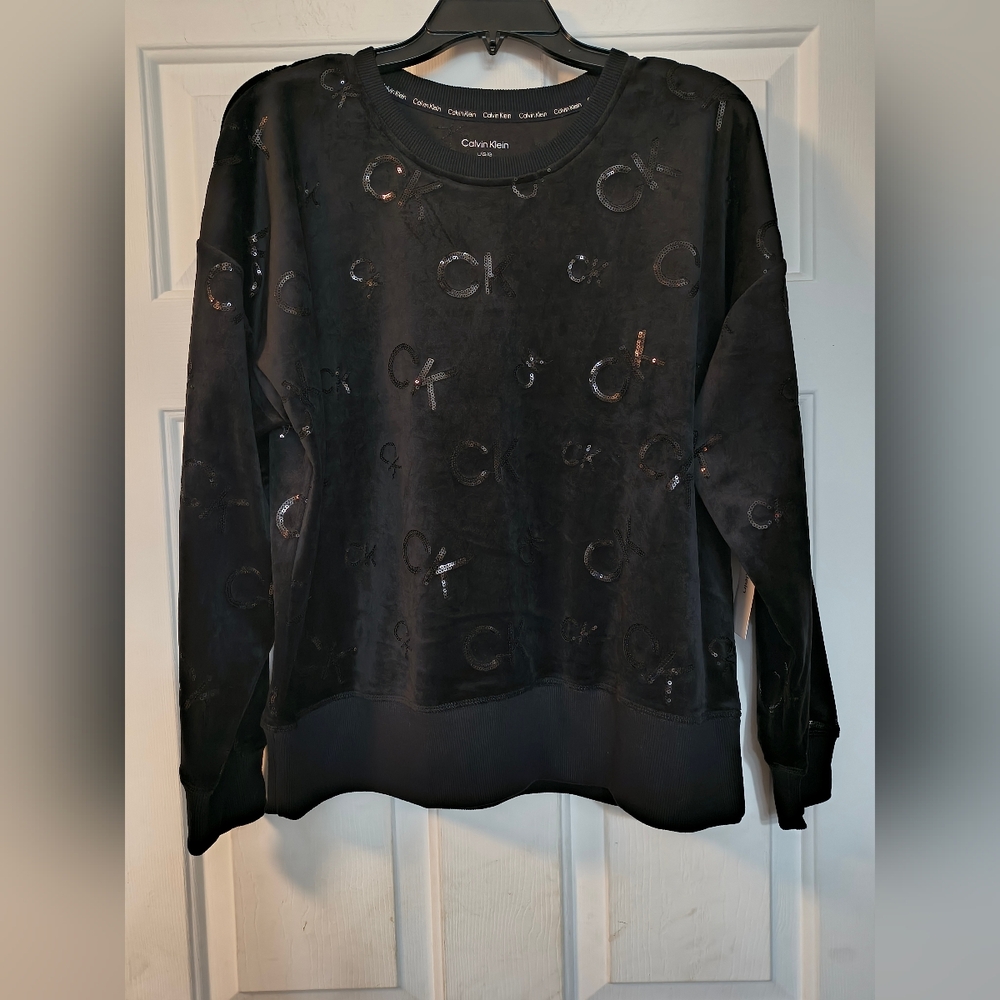 Calvin Klein Black Sequins Logo Women's Warm Soft Winter Sweater New Large